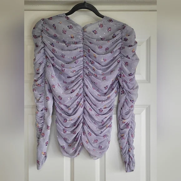 Zara Lavender Floral Print Ruched Semi-Sheer Blouse - Size S - Picture 3 of 7